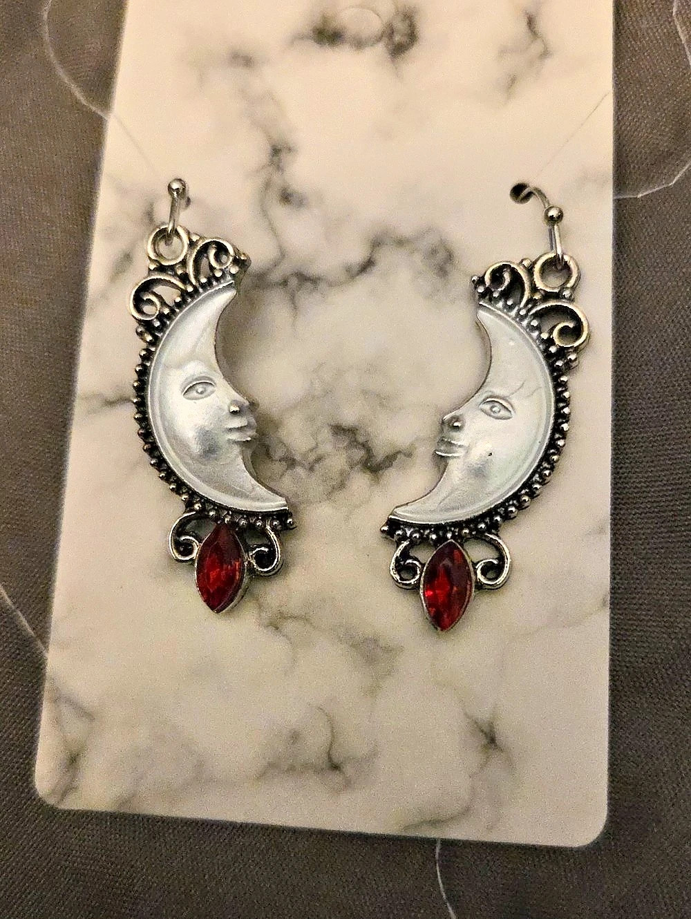 Crescent Moon Drop Earrings in Silver & Red